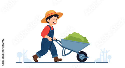 A farmer pushing a wheelbarrow full of green crops on a sunny day in the field.