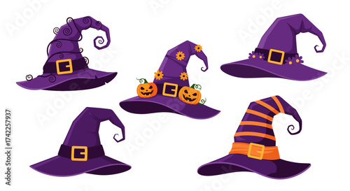 Various spooky purple witch hats with decorative elements suitable for Halloween celebrations.
