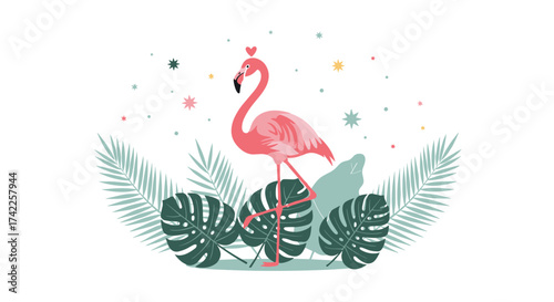 A charming pink flamingo stands elegantly amidst lush tropical foliage and festive stars.