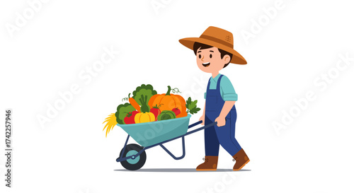 A young farmer pushing a wheelbarrow filled with fresh produce harvested from his farm.