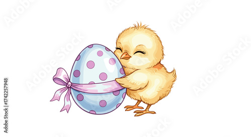 A fluffy yellow chick lovingly hugs a pastel blue easter egg decorated with pink polka dots and a light pink ribbon.
