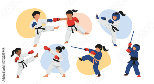Children practicing various martial arts disciplines in a dynamic illustration.