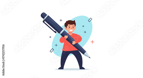 A happy young man is holding a very large pen and looking forward with confidence.