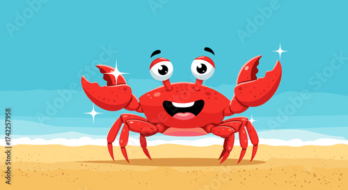 This cheerful red crab with big eyes is happily waving its claws on a sunny beach with sparkling water and clear blue sky.