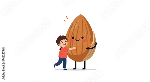 A cute little boy happily hugging a giant almond.