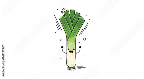 A cute and happy leek character jumping with joy and excitement.