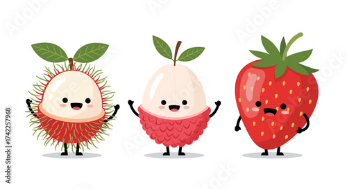 Three cute cartoon tropical fruits including a rambutan a lychee and a strawberry posing happily together.