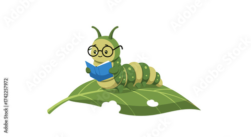 A curious caterpillar wearing glasses diligently reads a blue book while resting on a green leaf.