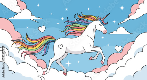A magical unicorn gallops through a pastel sky filled with clouds and stars.