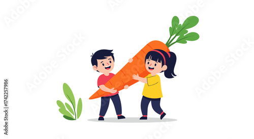 Two happy children carrying a giant carrot together in a field.