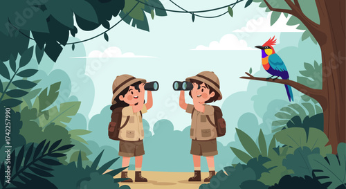 Two young adventurers exploring a vibrant jungle with a colorful bird overhead.