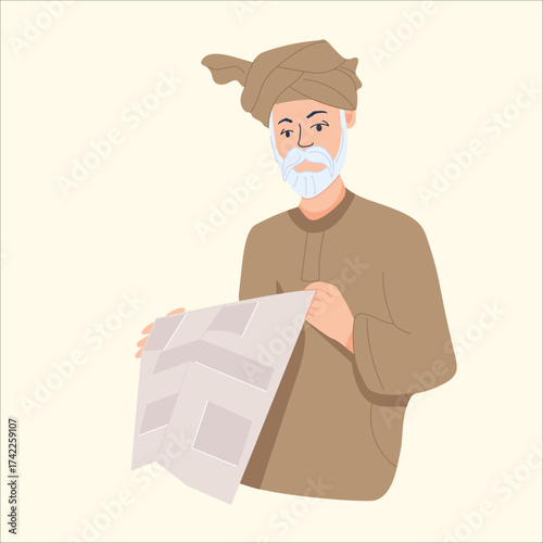 Elderly Man Reading Newspaper Illustration on Beige Background