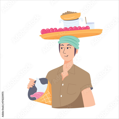 Street Vendor Balancing Food Tray on Head Illustration