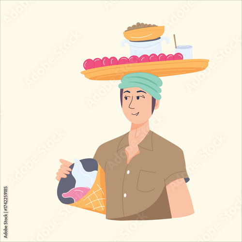 Traditional Street Vendor Carrying Food Tray Illustration