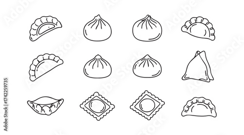 Hand drawn collection of diverse dumpling varieties in sketch style for culinary projects vector