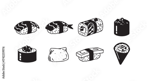 Assortment of delicious japanese sushi rolls and nigiri hand drawn style food art vector