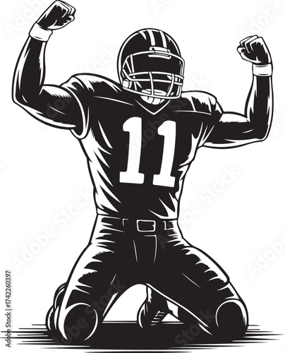 Football player celebrates victory on knees, arms raised triumphantly