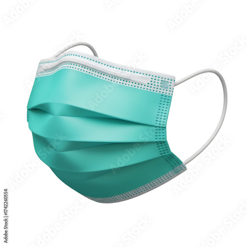 Isolated on transparent background, a teal surgical mask with white ear loops is displayed