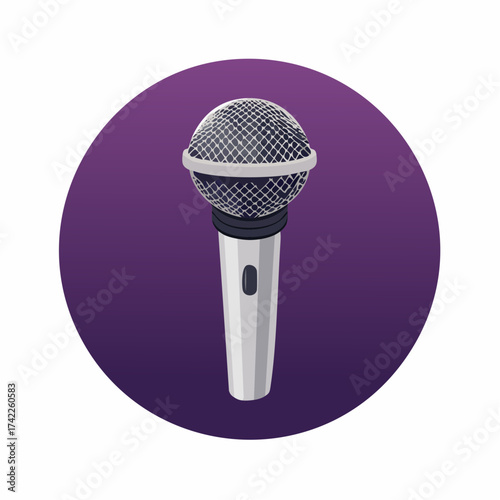 A sleek, modern microphone rests against a vibrant purple backdrop, ready for recording or broadcasting.