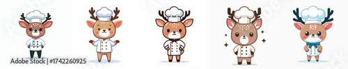 A charming set of five cartoon deer characters dressed as chefs. Cute woodland animal mascots in chef hats and uniforms for culinary concepts