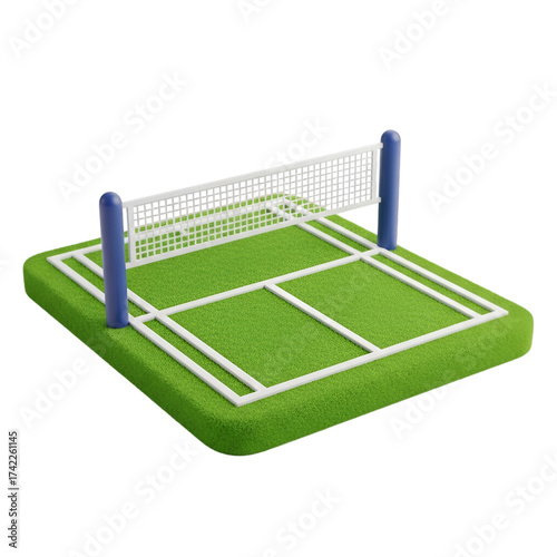 A miniature volleyball court isolated on transparent background with net and green surface