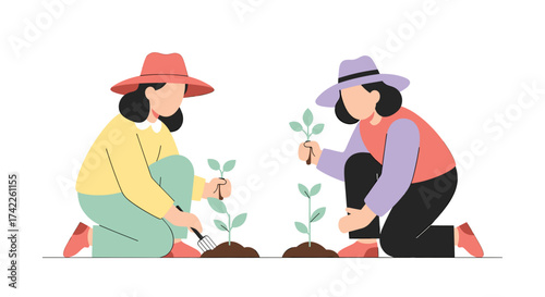 Two individuals wearing hats kneeling to plant small saplings in the soil, illustrating gardening and environmental care.