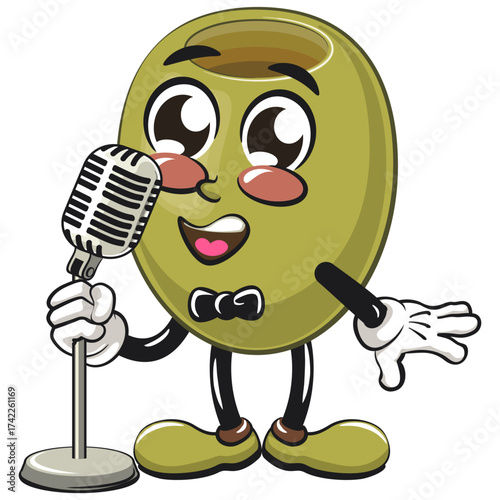 cute green olive mascot cartoon character isolated vector illustration singing wth vintage mic or become a stand up comedian, work of hand drawn