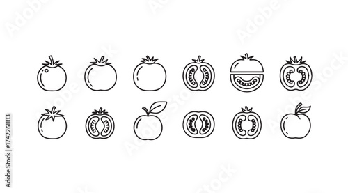 Set of simple tomato and apple icons hand drawn sketch style for food and health projects vector