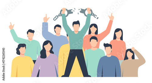 A diverse group of people celebrating as a man breaks free from chains, symbolizing liberation and success.