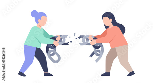 Two women pull on a large metal chain, breaking it in the middle to show strength, freedom, or separation.