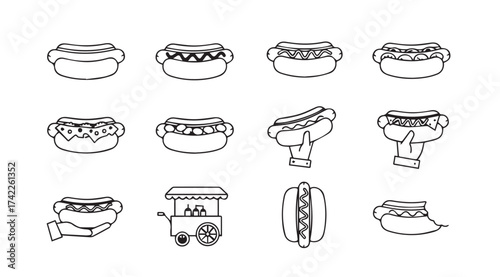 Hand drawn delicious hot dog collection icons and elements for food graphics vector