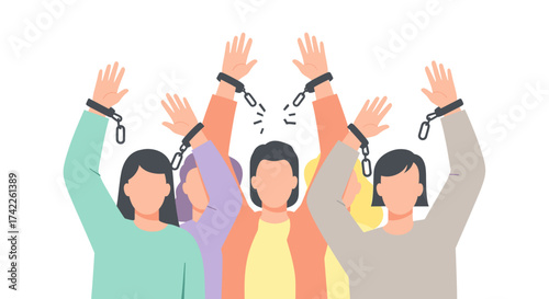 A group of diverse people with their hands raised, breaking free from handcuffs, symbolizing freedom and liberation.