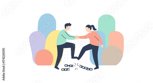 Two people shaking hands over broken chains, symbolizing partnership and overcoming obstacles.