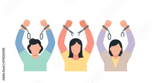 Three individuals with arms raised, breaking free from handcuffs, symbolizing liberation and freedom.