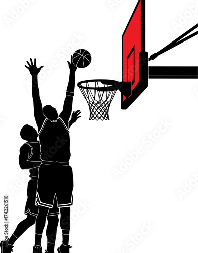 Silhouette of basketball players jumping for a slam dunk during a game