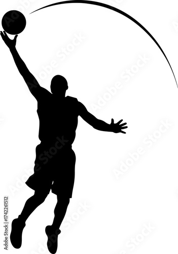 Silhouette of a basketball player in mid air executing a powerful slam dunk