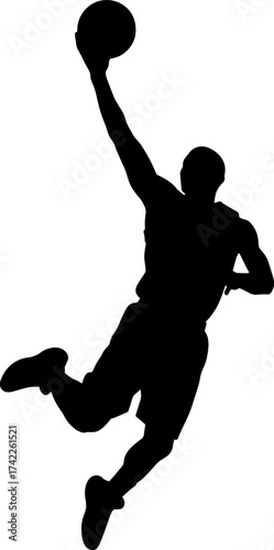 Dynamic silhouette of a basketball player soaring through the air for a slam dunk