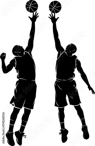 Two basketball players silhouetted reaching for the ball in mid air