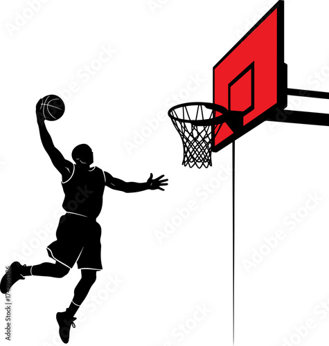 Silhouette of a basketball player in mid air performing a slam dunk