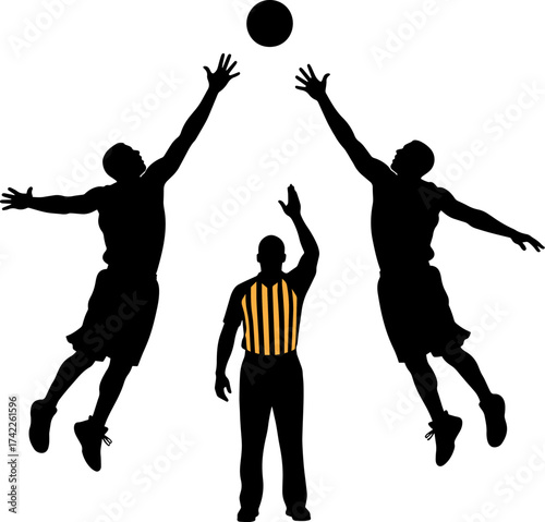 Basketball players in silhouette jumping for a rebound with referee watching