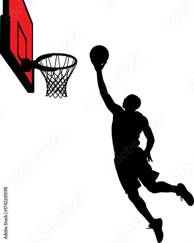 Dynamic silhouette of a basketball player soaring for a slam dunk
