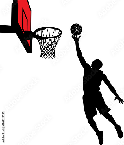 Silhouette of a basketball player leaping to dunk the ball into the hoop