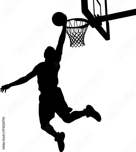 Silhouette of a basketball player performing a powerful slam dunk against a white background