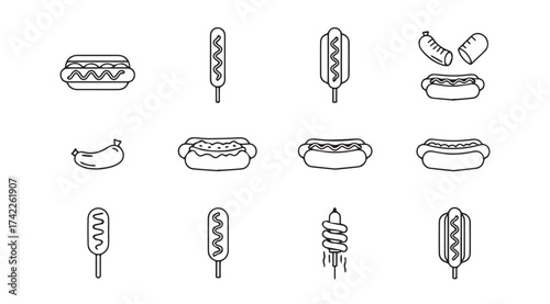 Collection of hand-drawn hot dog and corn dog food icons and graphics for fast food menu vector