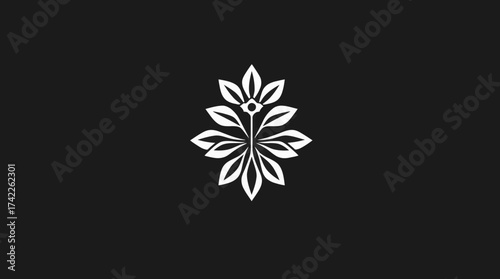 Stylized symmetrical plant design with leaves and a central eye-like element, presented in white against a dark background.