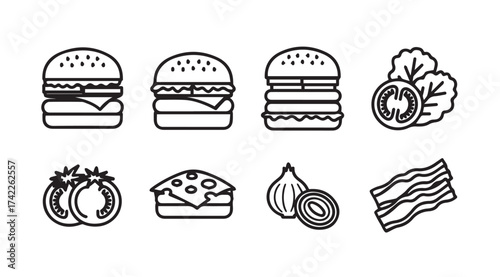 Collection of delicious burger ingredients and fast food icons for gastronomy and culinary designs vector