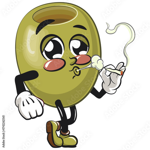 cute green olive mascot cartoon character isolated vector illustration smoke calmly, work of hand drawn