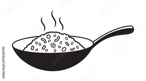 Hot wok fried rice steaming freshly prepared asian cuisine dish served in a pan vector