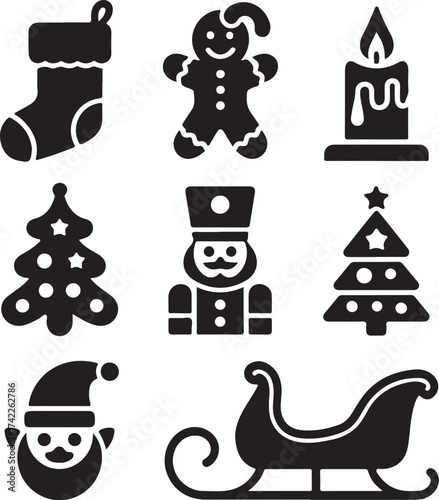 Festive Christmas icons: stocking, Santa, trees, nutcracker