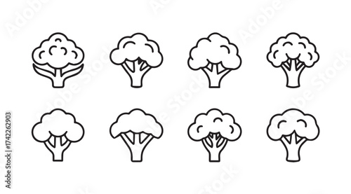 Set of eight hand drawn broccoli florets fresh healthy vegetable icons simple sketch style vector